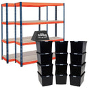 2x CRW Heavy Duty Shelving - 1600mm High - Blue & Orange with 12x 62L Wham DIY Plastic Storage Boxes