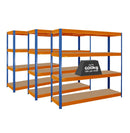 3x HRX Heavy Duty Shelving - 1770mm High - Blue & Orange with 12x 62L Wham DIY Plastic Storage Boxes