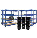 4x HRX Heavy Duty Shelving - 1770mm High - Blue with 12x 62L Wham DIY Plastic Storage Boxes