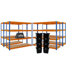 4x HRX Heavy Duty Shelving - 1770mm High - Blue & Orange with 8x 37L Wham DIY Plastic Storage Boxes