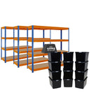 3x HRX Heavy Duty Shelving - 1770mm High - Blue & Orange with 12x 62L Wham DIY Plastic Storage Boxes
