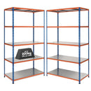 2x SX200 Industrial Shelving - 1830mm High - 200kg - Steel - Blue & Orange