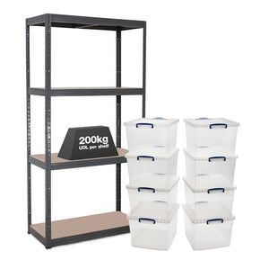 1x VRS Shelving Unit - 1600mm High - Grey with 8x 33.5L Really Useful Boxes