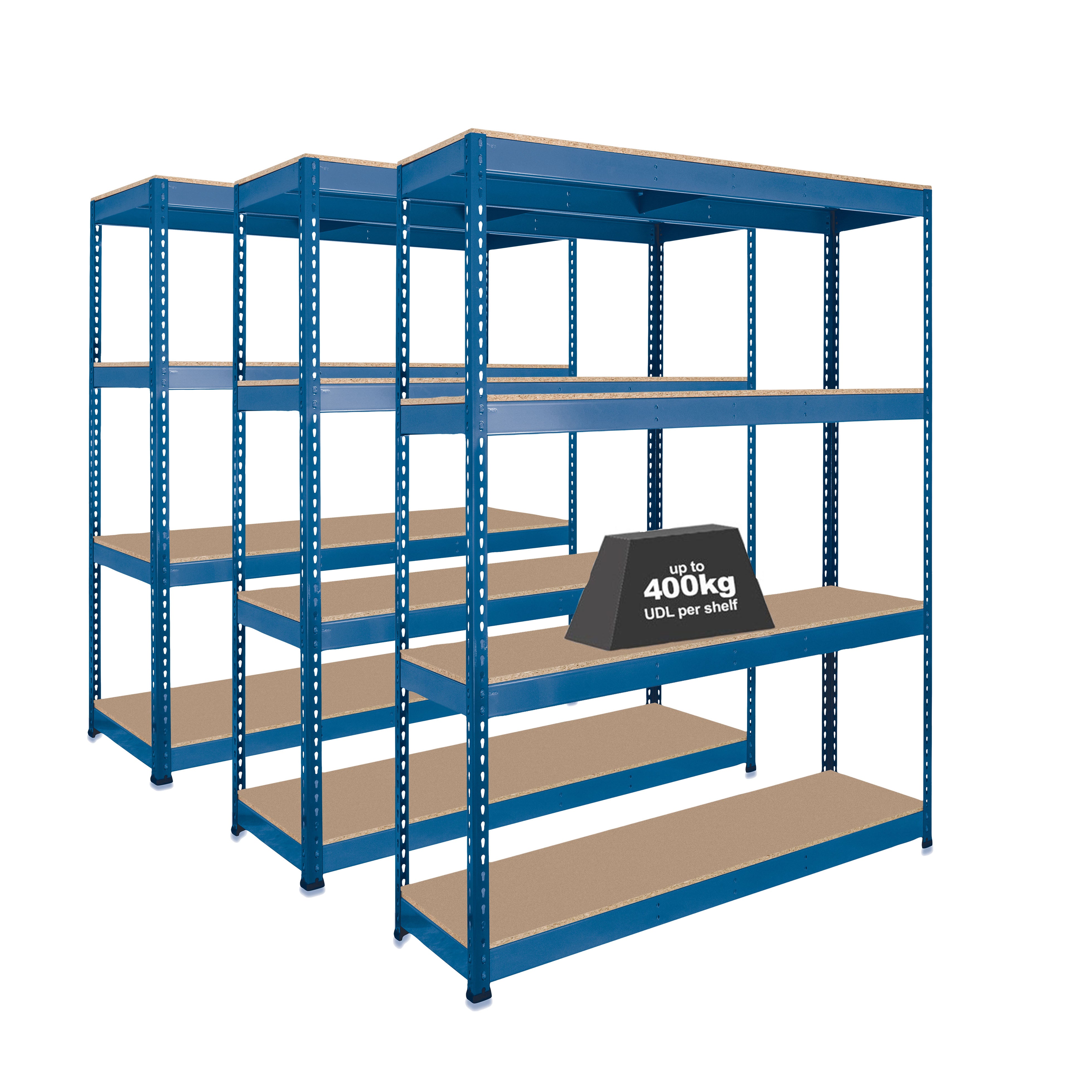 3x Storalex SX400 Industrial Shelving 1980mm High 400kg Blue - Tufferman
