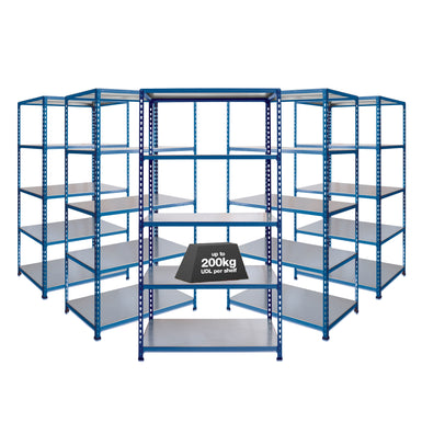 5x SX200 Industrial Shelving - 2440mm High - 200kg - Steel - Blue