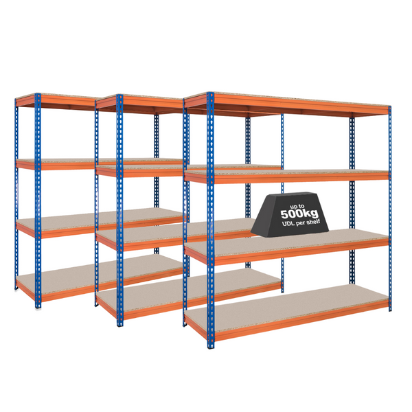 3x CRW Heavy Duty Garage Shelving - 2000mm High - 500kg - Blue & Orange