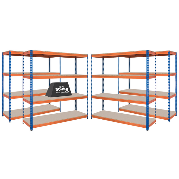 4x CRW Heavy Duty Garage Shelving - 1800mm High - 500kg - Blue & Orange