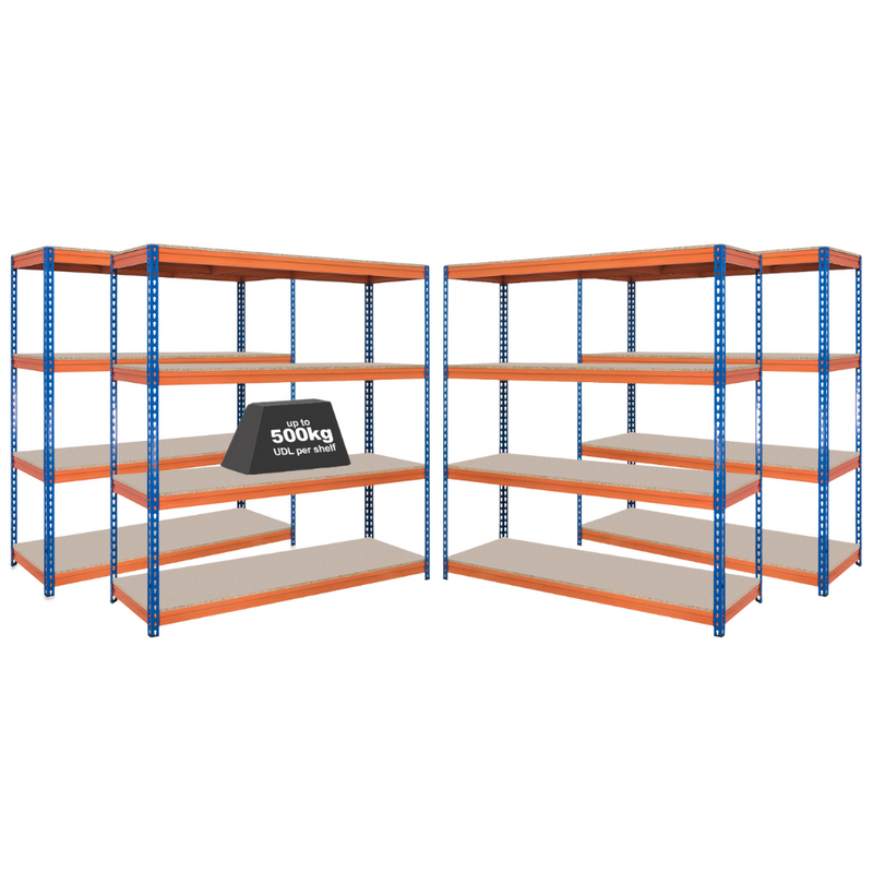4x CRW Heavy Duty Garage Shelving - 1800mm High - 500kg - Blue & Orange