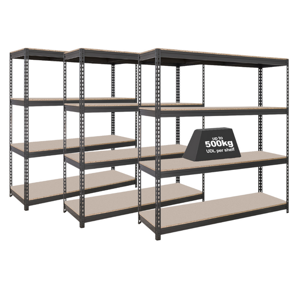 3x CRW Heavy Duty Garage Shelving - 1800mm High - 500kg - Grey
