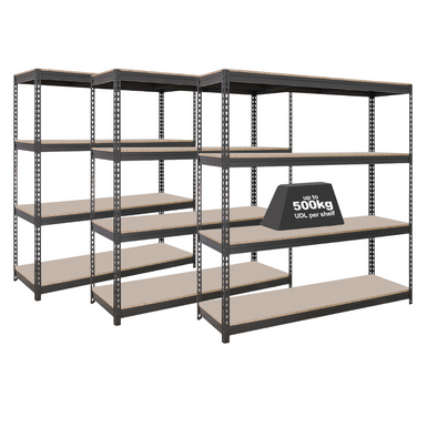 3x CRW Heavy Duty Garage Shelving - 1600mm High - 500kg - Grey