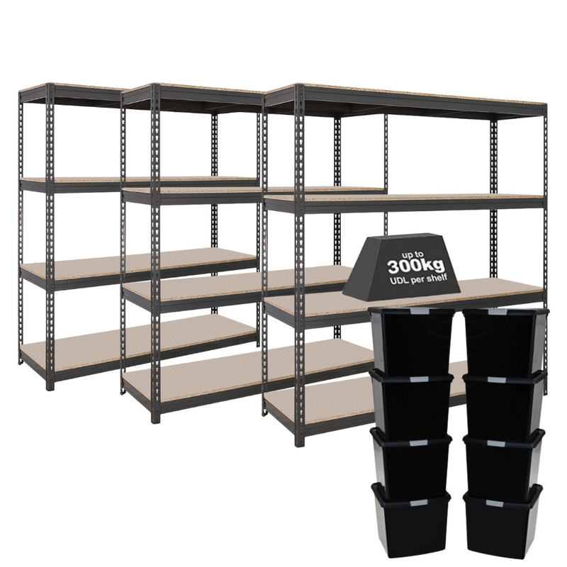 3x CRW Heavy Duty Shelving - 1600mm High - Grey with 8x 37L Wham DIY Plastic Storage Boxes