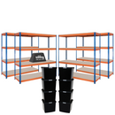 4x CRW Heavy Duty Shelving - 2000mm High - Blue & Orange with 8x 37L Wham DIY Plastic Storage Boxes