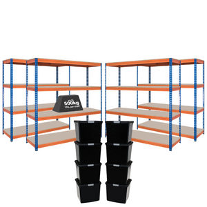 4x CRW Heavy Duty Shelving - 2000mm High - Blue & Orange with 8x 37L Wham DIY Plastic Storage Boxes