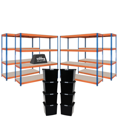 4x CRW Heavy Duty Shelving - 1600mm High - Blue & Orange with 8x 37L Wham DIY Plastic Storage Boxes