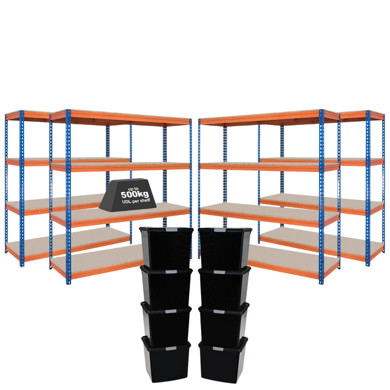 4x CRW Heavy Duty Shelving - 2000mm High - Blue & Orange with 8x 37L Wham DIY Plastic Storage Boxes
