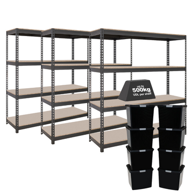 3x CRW Heavy Duty Shelving - 2200mm High - Grey with 8x 37L Wham DIY Plastic Storage Boxes