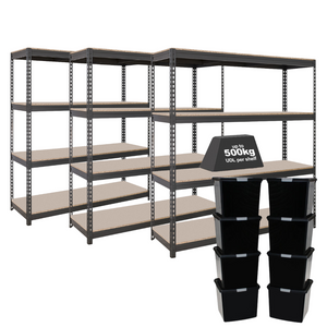 3x CRW Heavy Duty Shelving - 1600mm High - Grey with 8x 37L Wham DIY Plastic Storage Boxes
