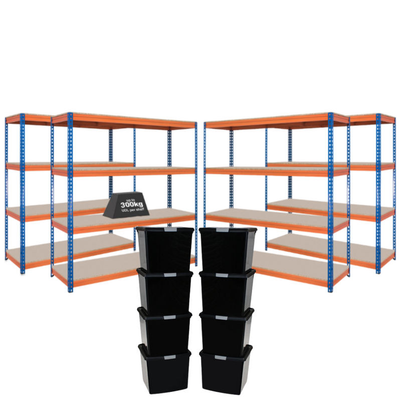 4x CRW Heavy Duty Shelving - 2000mm High - Blue & Orange with 8x 37L Wham DIY Plastic Storage Boxes