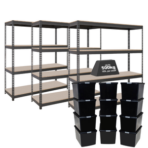 3x CRW Heavy Duty Shelving - 2200mm High - Grey with 12x 62L Wham DIY Plastic Storage Boxes
