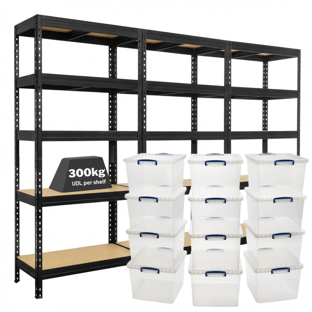 Box Racking Shelves 3x Storalex MSR Shelving Units 1800mm High & 12x 33.5L Really Useful ...