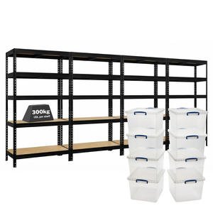 4x MSR Shelving Units - 1800mm High - Black with 8x 33.5L Really Useful Boxes