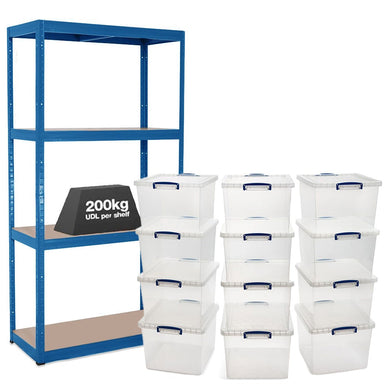 1x VRS Shelving Unit - 1600mm High - Blue with 12x 33.5L Really Useful Boxes