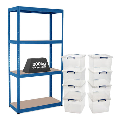1x VRS Shelving Unit - 1600mm High - Blue with 8x 33.5L Really Useful Boxes