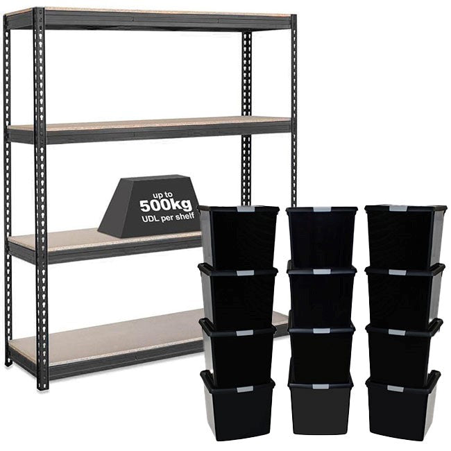 1x CRW Heavy Duty Shelving - 2000mm High - Grey with 12x 37L Wham DIY Plastic Storage Boxes
