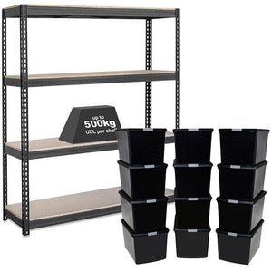 1x CRW Heavy Duty Shelving - 1800mm High - Grey with 12x 62L Wham DIY Plastic Storage Boxes