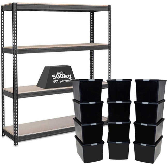 1x CRW Heavy Duty Shelving - 1800mm High - Grey with 12x 62L Wham DIY Plastic Storage Boxes