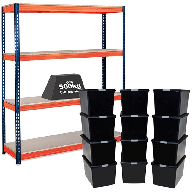 1x CRW Heavy Duty Shelving - 1600mm High - Blue & Orange with 12x 62L Wham DIY Plastic Storage Boxes