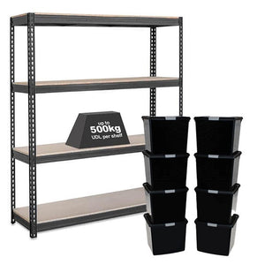1x CRW Heavy Duty Shelving - 1800mm High - Grey with 8x 37L Wham DIY Plastic Storage Boxes