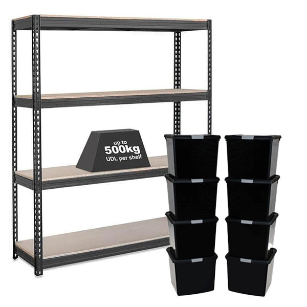 1x CRW Heavy Duty Shelving - 1600mm High - Grey with 8x 37L Wham DIY Plastic Storage Boxes