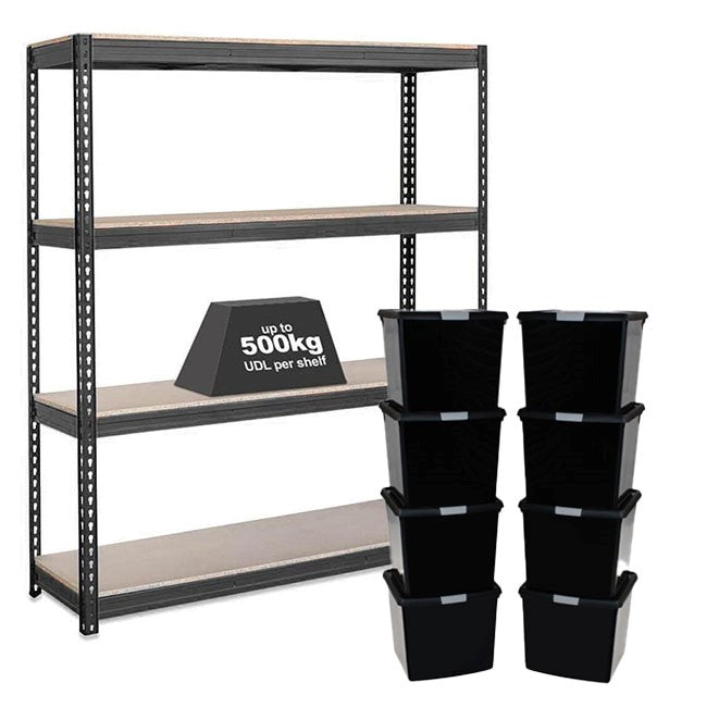 1x CRW Heavy Duty Shelving - 1800mm High - Grey with 8x 37L Wham DIY Plastic Storage Boxes