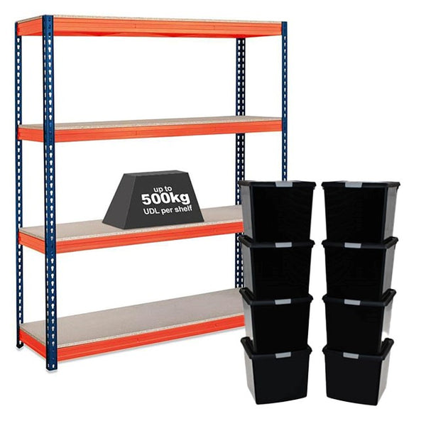 1x CRW Heavy Duty Shelving - 1600mm High - Blue & Orange with 8x 37L Wham DIY Plastic Storage Boxes