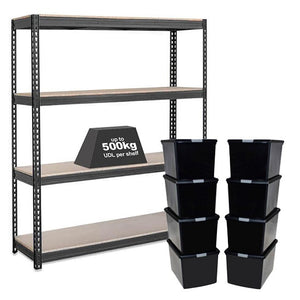 1x CRW Heavy Duty Shelving - 1800mm High - Grey with 8x 62L Wham DIY Plastic Storage Boxes