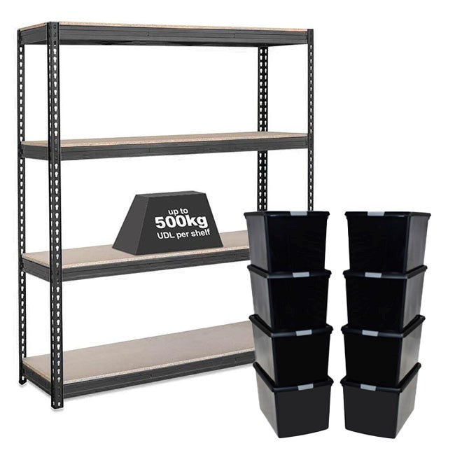 1x CRW Heavy Duty Shelving - 1800mm High - Grey with 8x 62L Wham DIY Plastic Storage Boxes