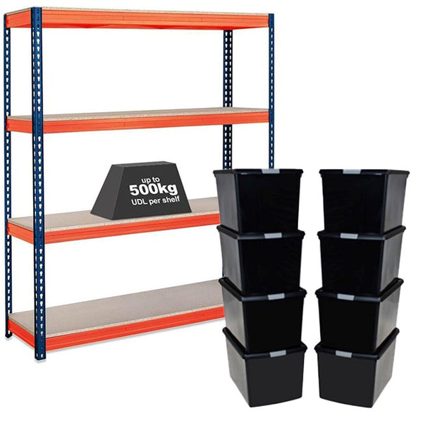 1x CRW Heavy Duty Shelving - 1600mm High - Blue & Orange with 8x 62L Wham DIY Plastic Storage Boxes