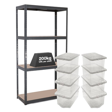 1x VRS Shelving Unit - 1600mm High - Grey with 8x 60L Wham Plastic Storage Boxes
