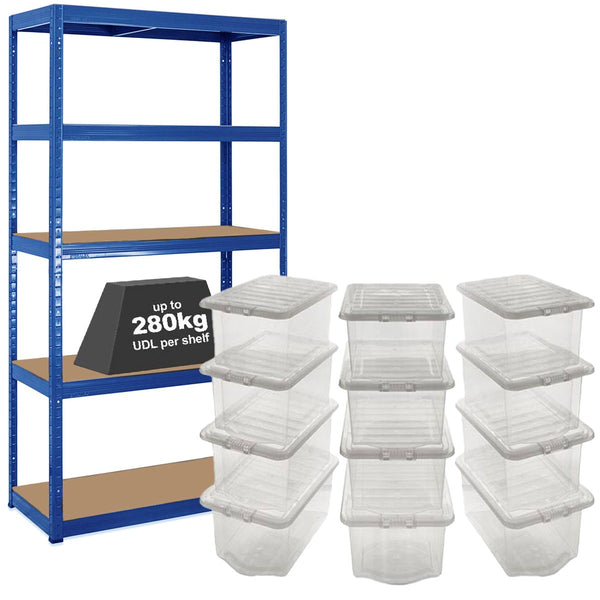 1x VRS Shelving Unit - 1800mm High - Blue with 12x 60L Wham Plastic Storage Boxes