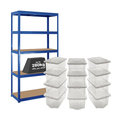 1x VRS Shelving Unit - 2130mm High - Blue with 12x 60L Wham Plastic Storage Boxes