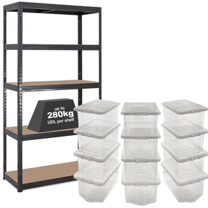 1x VRS Shelving Unit - 1800mm High - Grey with 12x 60L Wham Plastic Storage Boxes