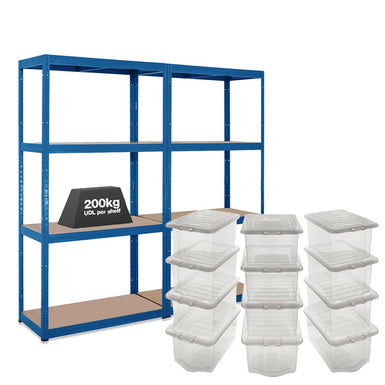 2x VRS Shelving Unit - 1600mm High - Blue with 12x 60L Wham Plastic Storage Boxes