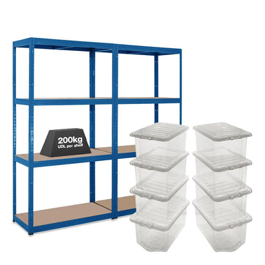 2x VRS Shelving Unit - 1600mm High - Blue with 8x 60L Wham Plastic Storage Boxes