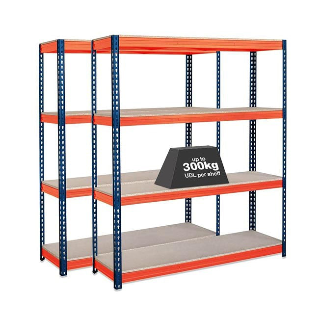 2x CRW Heavy Duty Garage Shelving - 1600mm High - 500kg - Blue & Orange