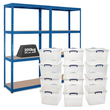 2x VRS Shelving Units - 1600mm High - Blue with 12x 33.5L Really Useful Boxes