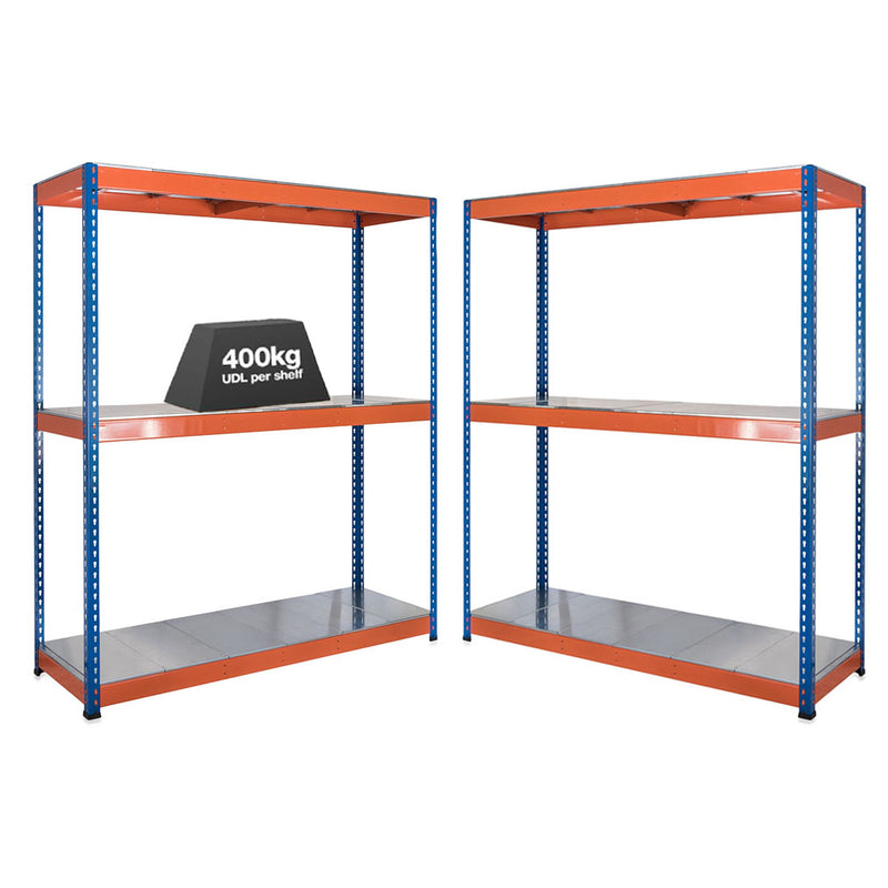 2x SX400 Industrial Shelving - 1677mm High - 400kg - Steel - Blue & Orange