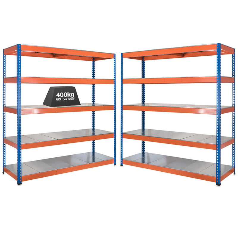 2x SX400 Industrial Shelving - 1677mm High - 400kg - Steel - Blue & Orange