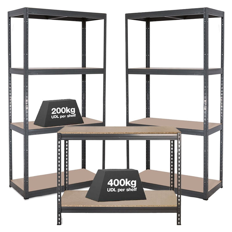 2x VRS Shelving Units - 1600mm High & 1x Workbench - 1200mm Wide - Grey