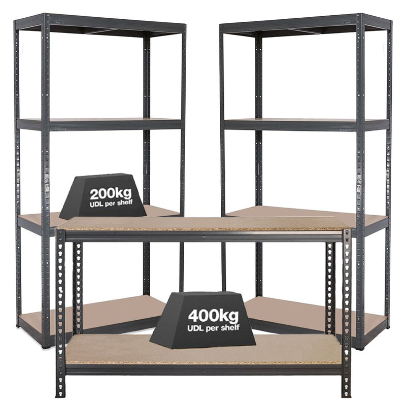 2x VRS Shelving Units - 1600mm High & 1x Workbench - 1600mm Wide - Grey